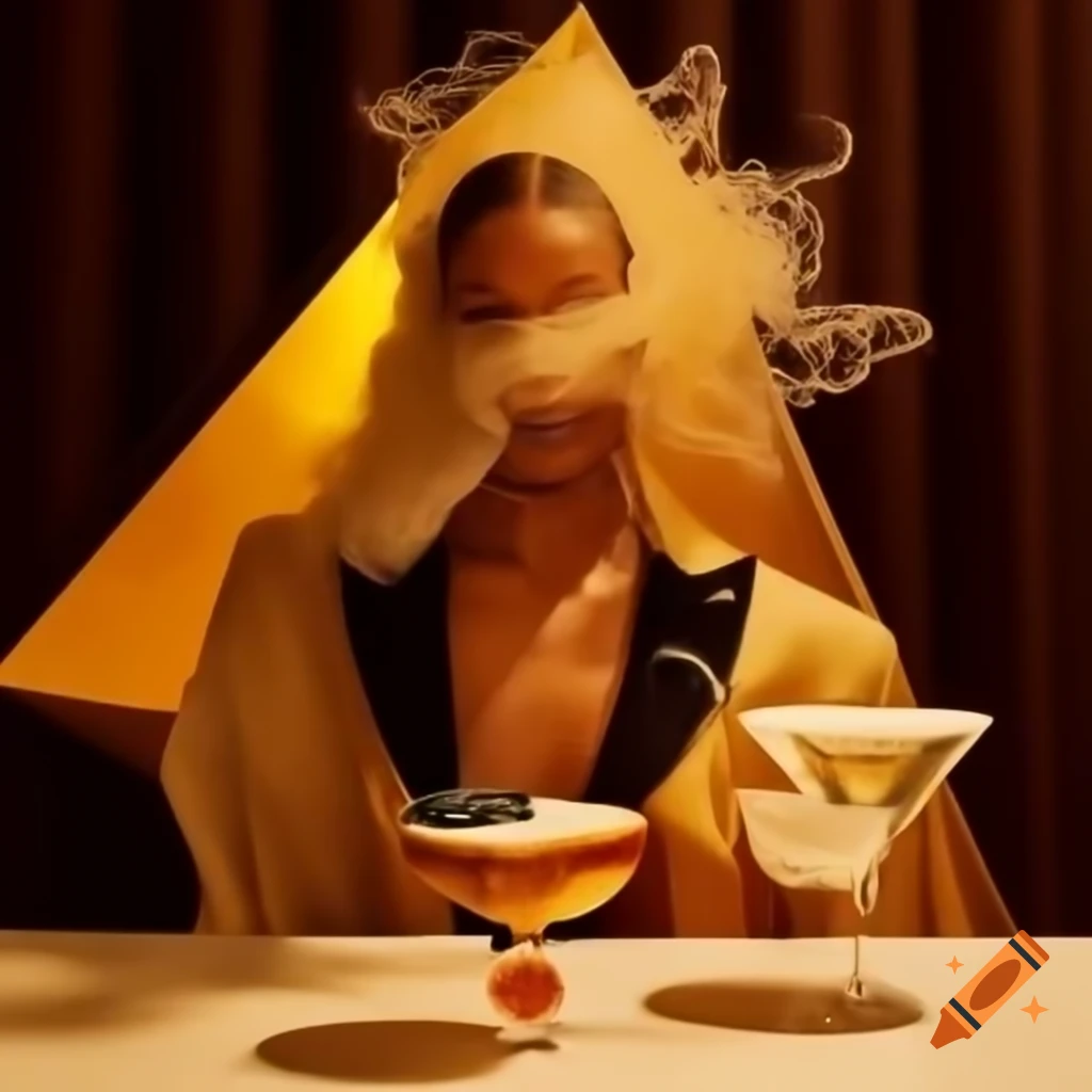 Digital portrait of a person embodying the luxurious cocktail 'Dawnbreaker' with golden undertones
