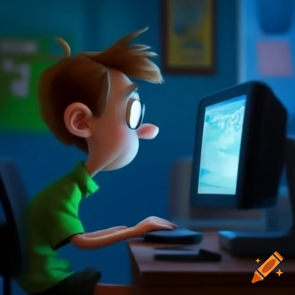 Humorous character playing on a computer on Craiyon