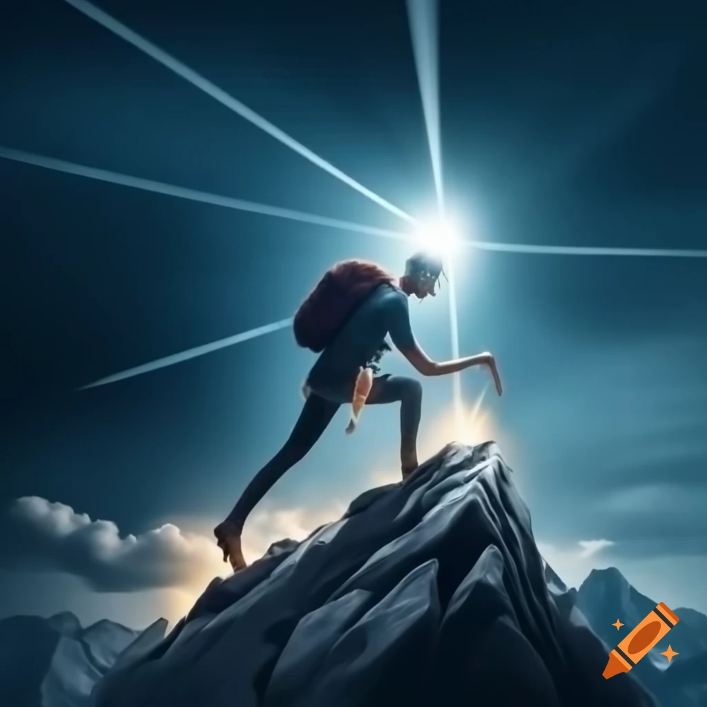 Person climbing mountain symbolizing hope and resilience, heavy burden transformed into power