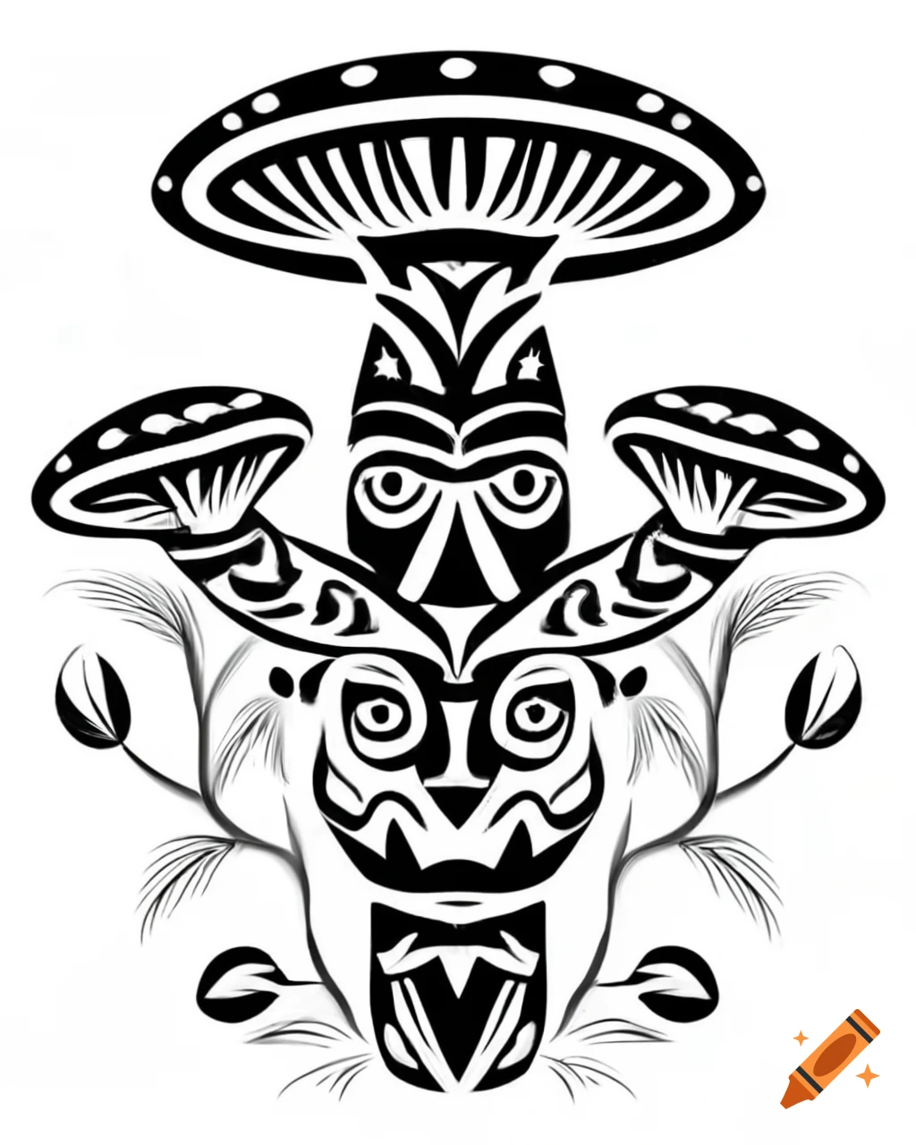 Tribal mushroom totem design in black and white