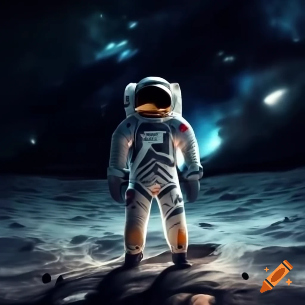 Astronaut on the moon with a galaxy backdrop in wide-angle view
