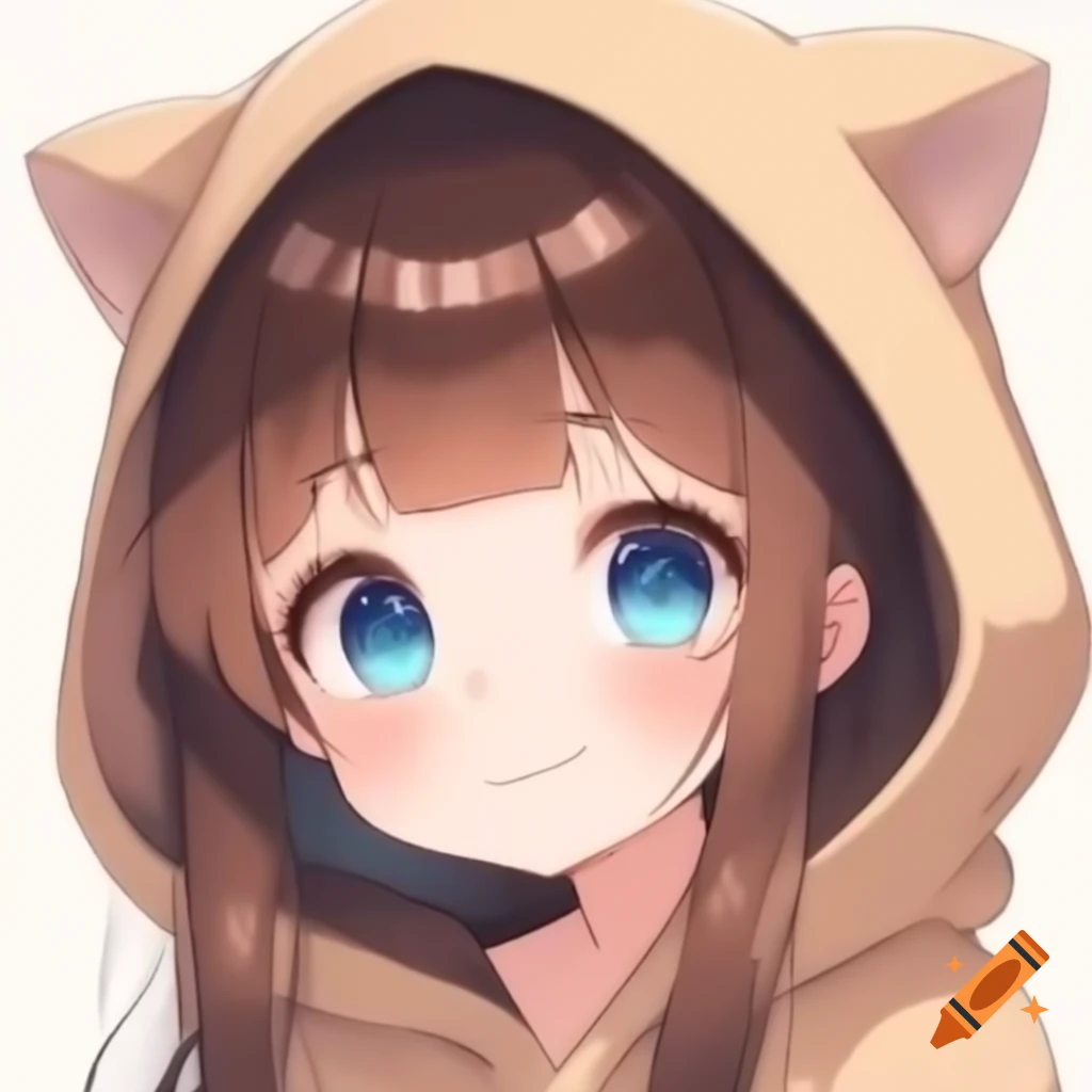 Anime girl in hoodie with brown hair, blue eyes, and dimples on Craiyon