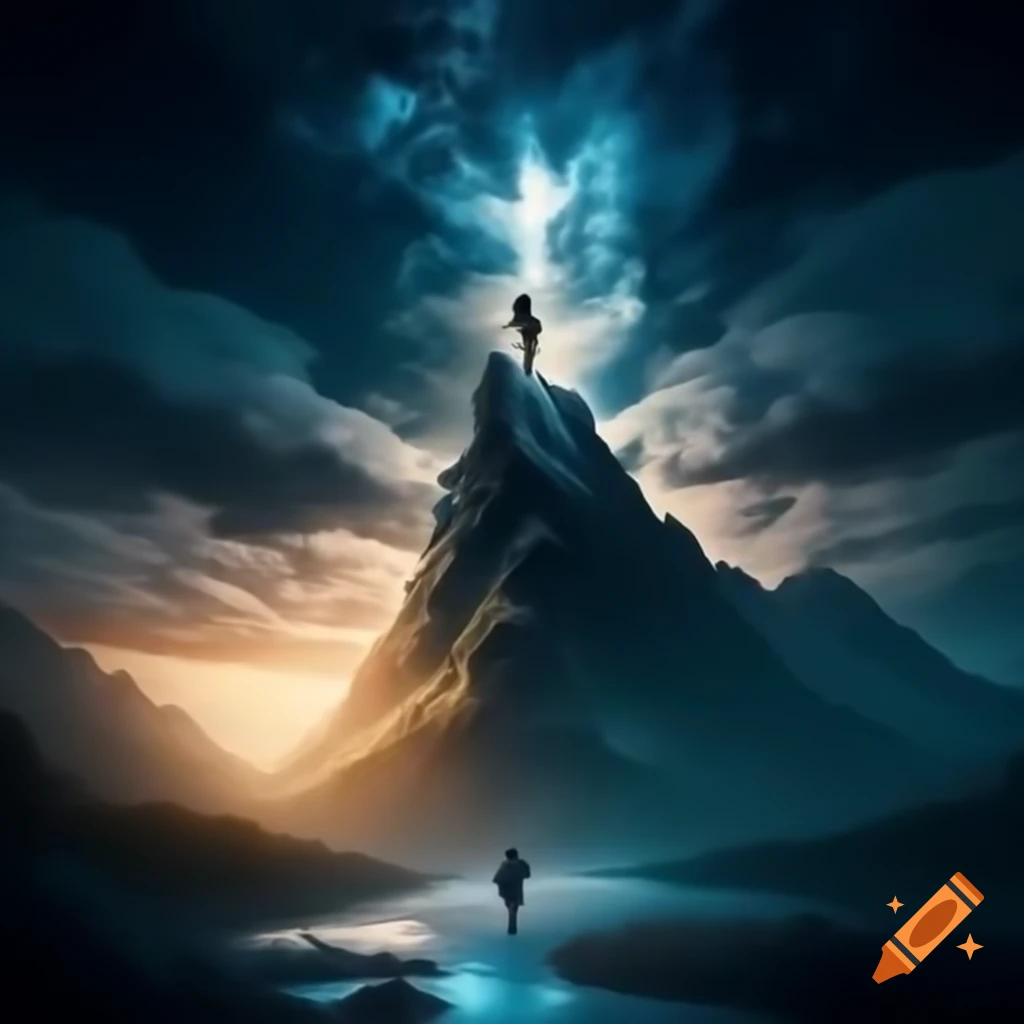 Figures climbing and crossing obstacles under a glowing sky, symbolizing strength and courage