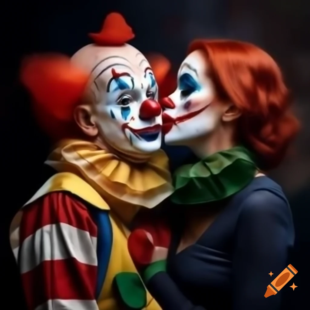 Couple kissing, male clown with red-haired woman in a dark setting