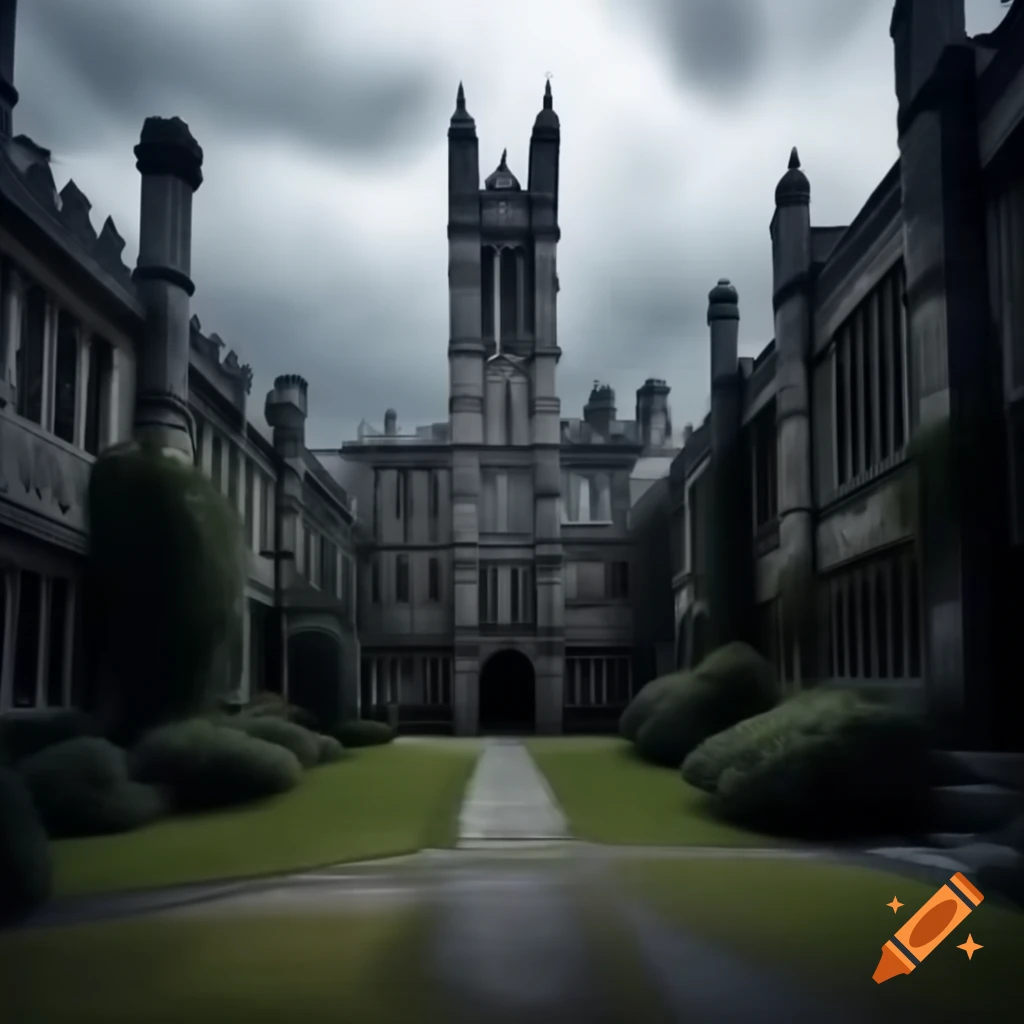 Gothic architecture of prestigious university campus with dark stone