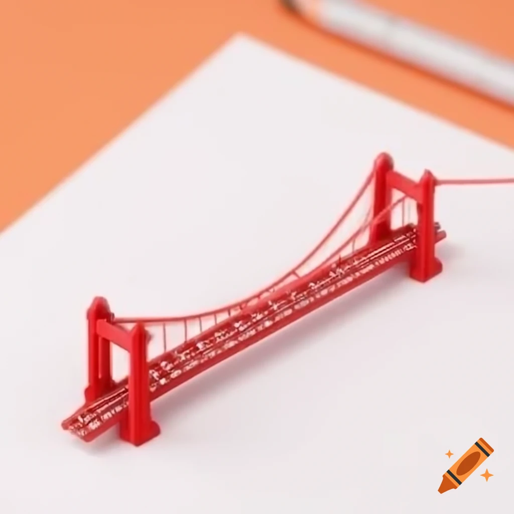 Sketch of a red mini suspension bridge on paper