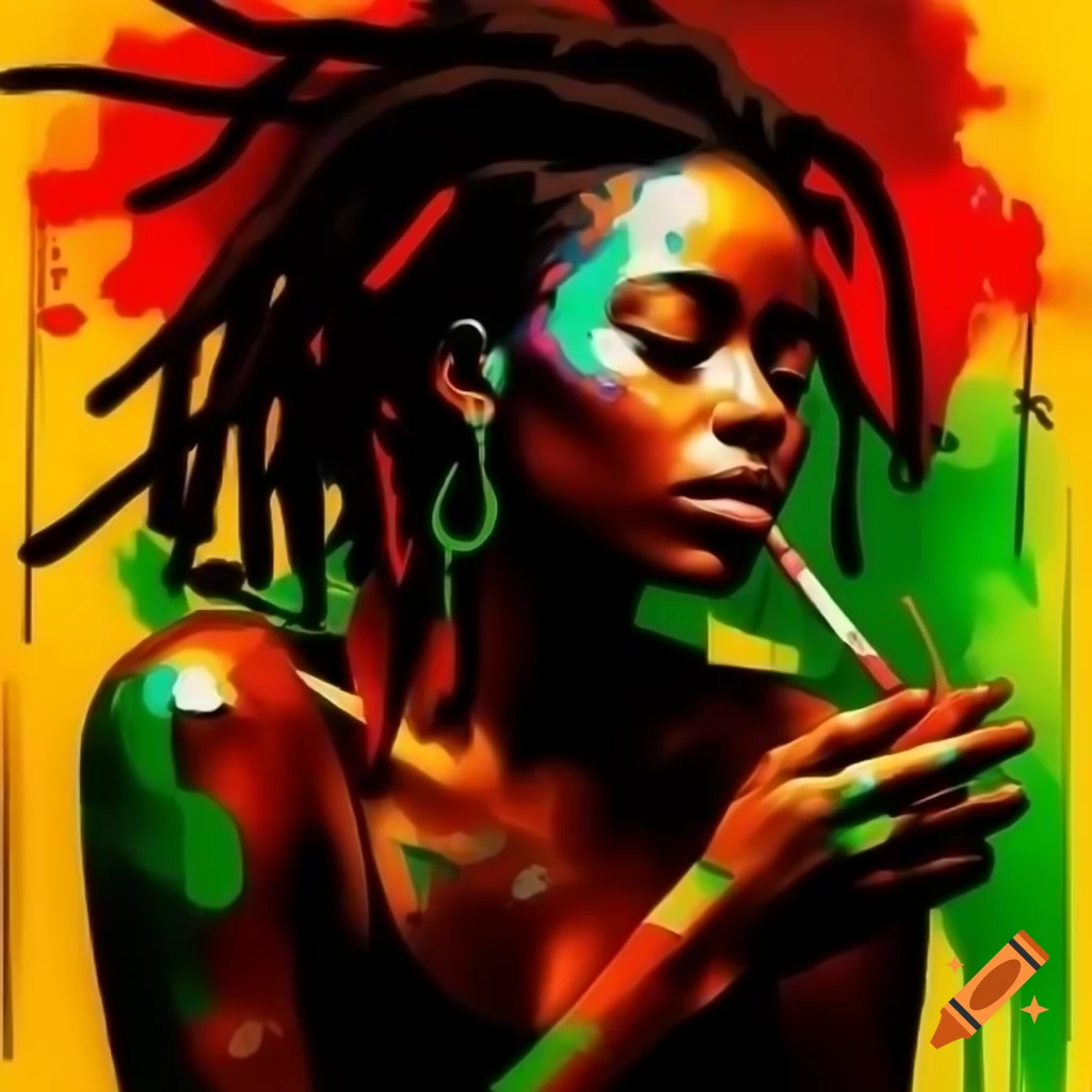 Acrylic painting of confident African American woman with dreadlocks, reggae-inspired art