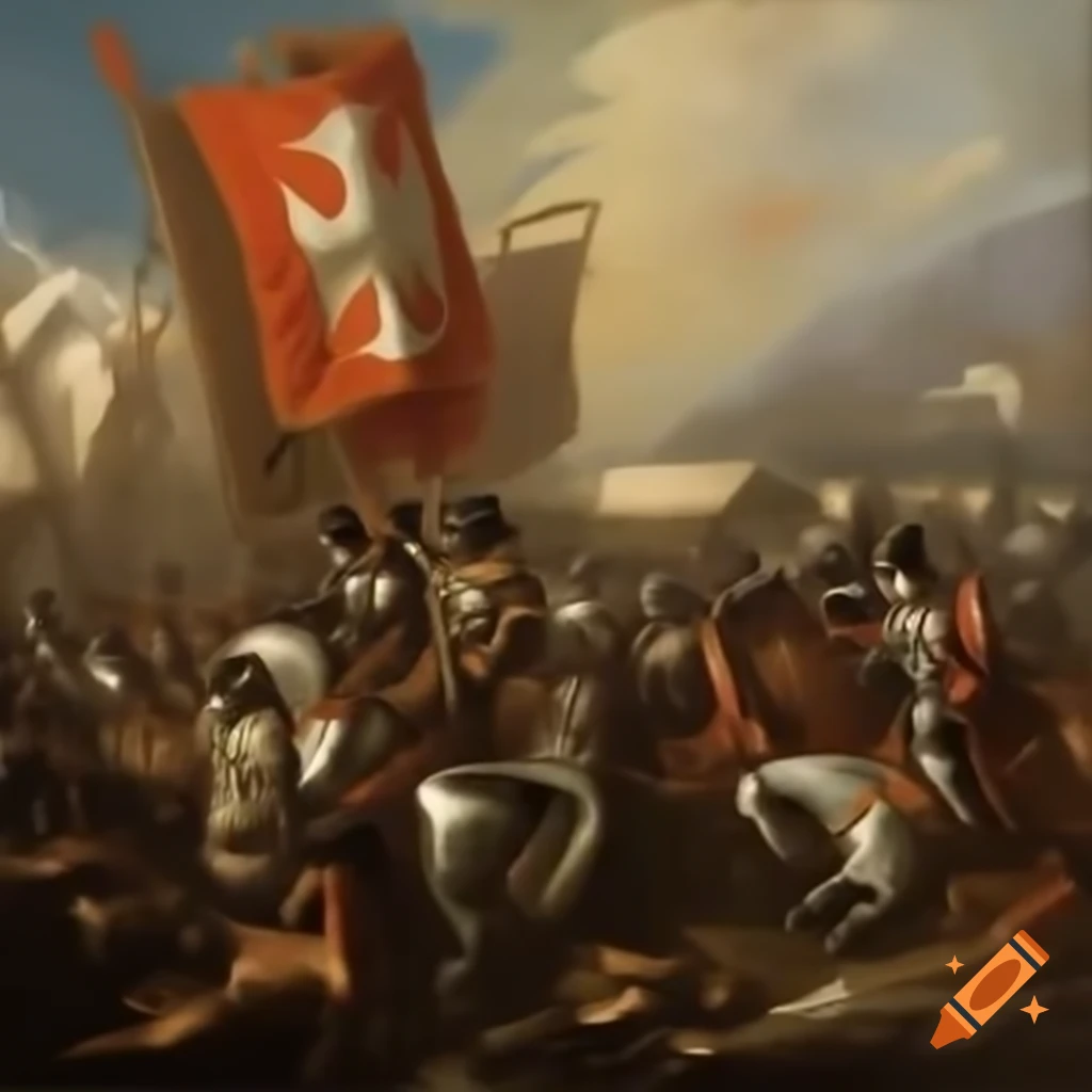 18th century style painting of a battle between Opus Dei and Neocatechumenal Way