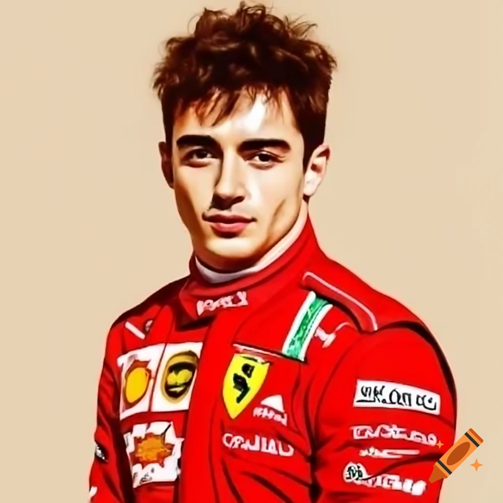 Charles Leclerc in race kit with red Ferrari colors among detailed background