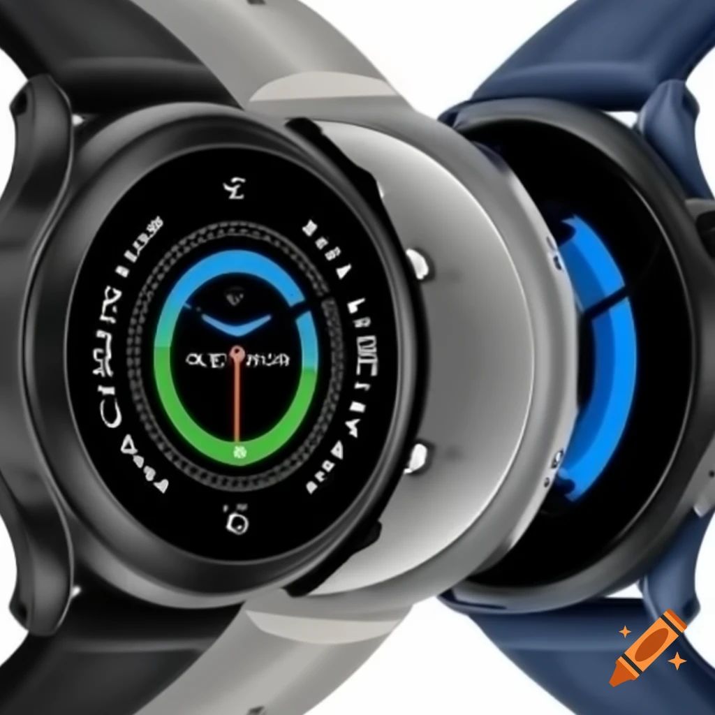 Smartwatch displayed in black, dark blue, and metallic gray color modes