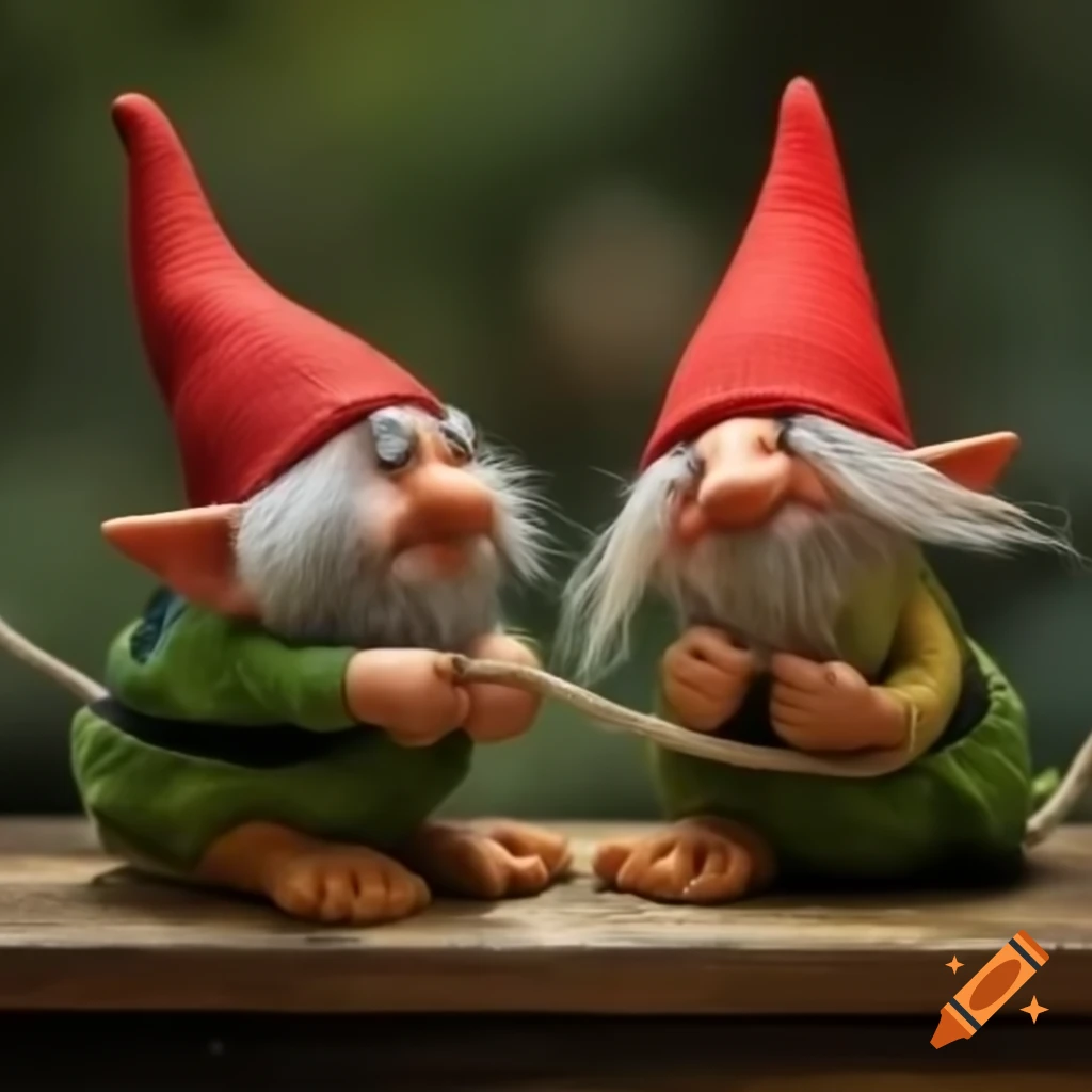 Mischievous gnomes tying up an elf using twine on a shelf