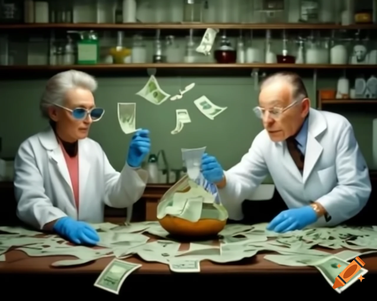 Elderly researchers in a lab engaging in playful mishap with spilled flask
