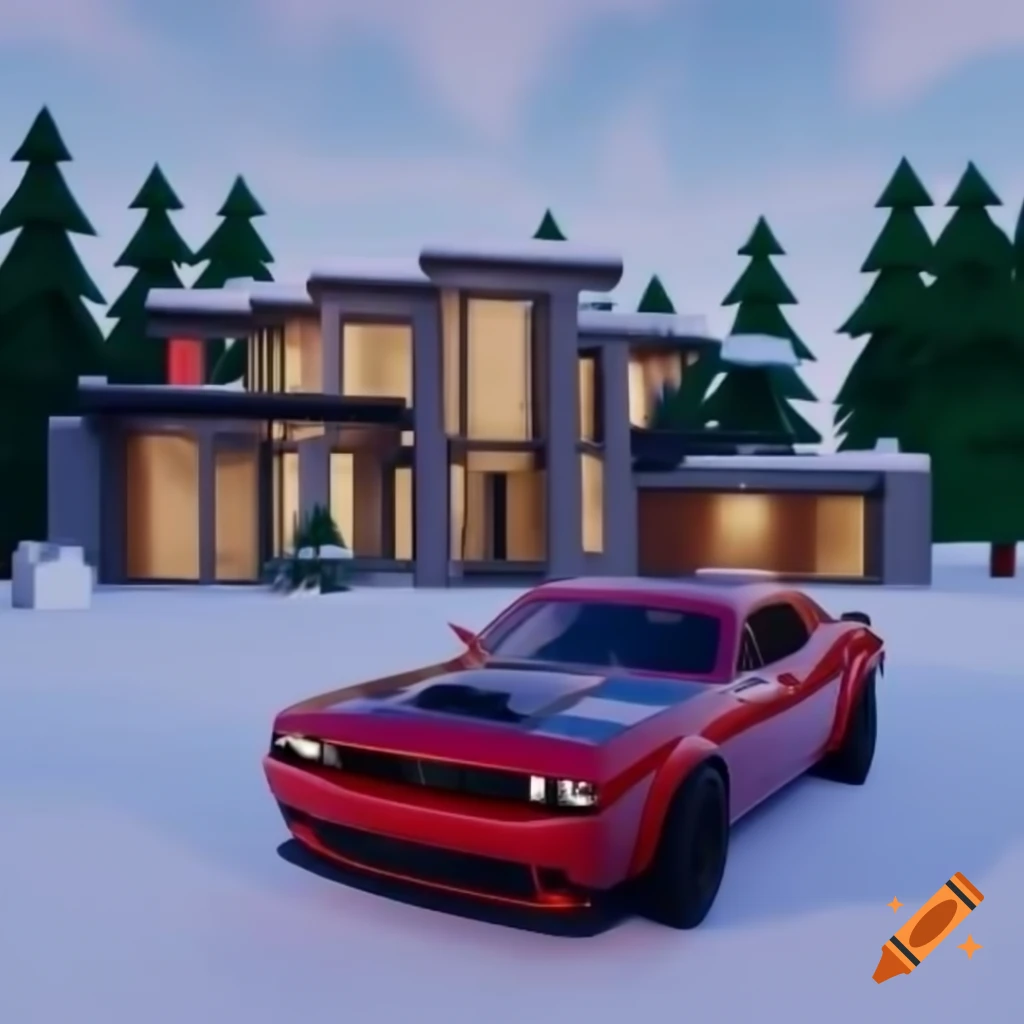 Luxurious villa in snowy Alaska forest with red Dodge Challenger SRT Demon