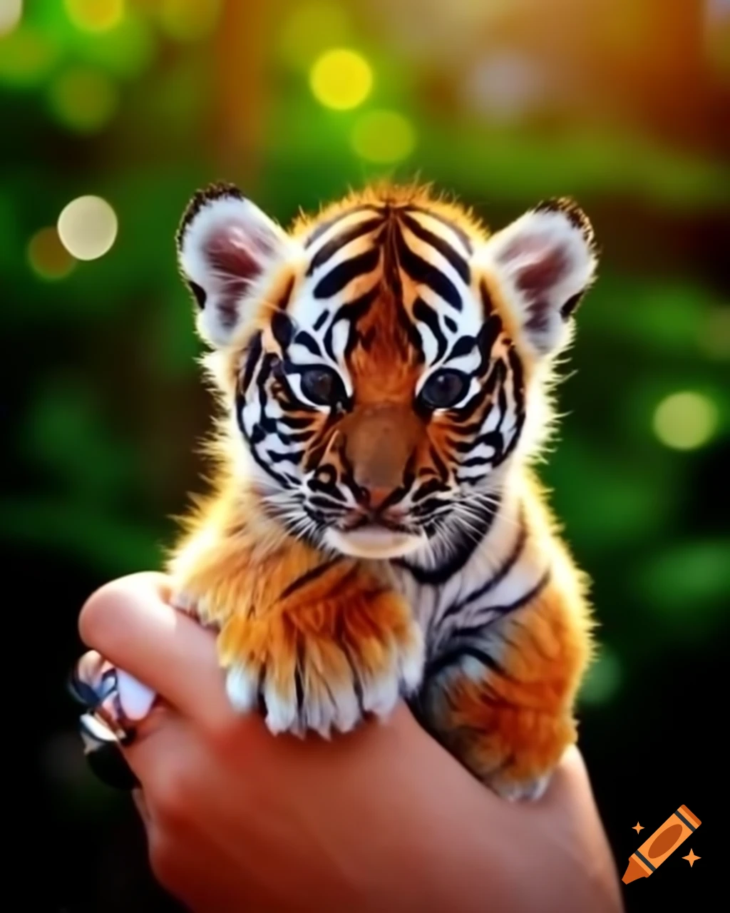 Realistic photo of tiny tiger resting on finger, showcasing fur details and soft sunlight
