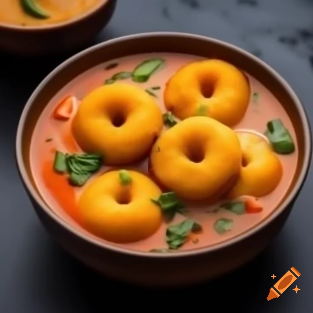 Medu vada floating in a bowl of sambar, traditional South Indian dish