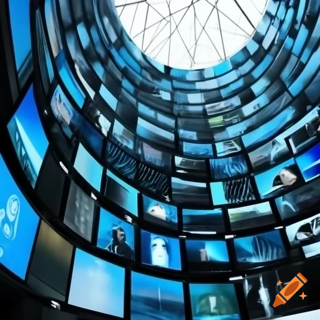 Towering stack of computer screens representing digital information on ...