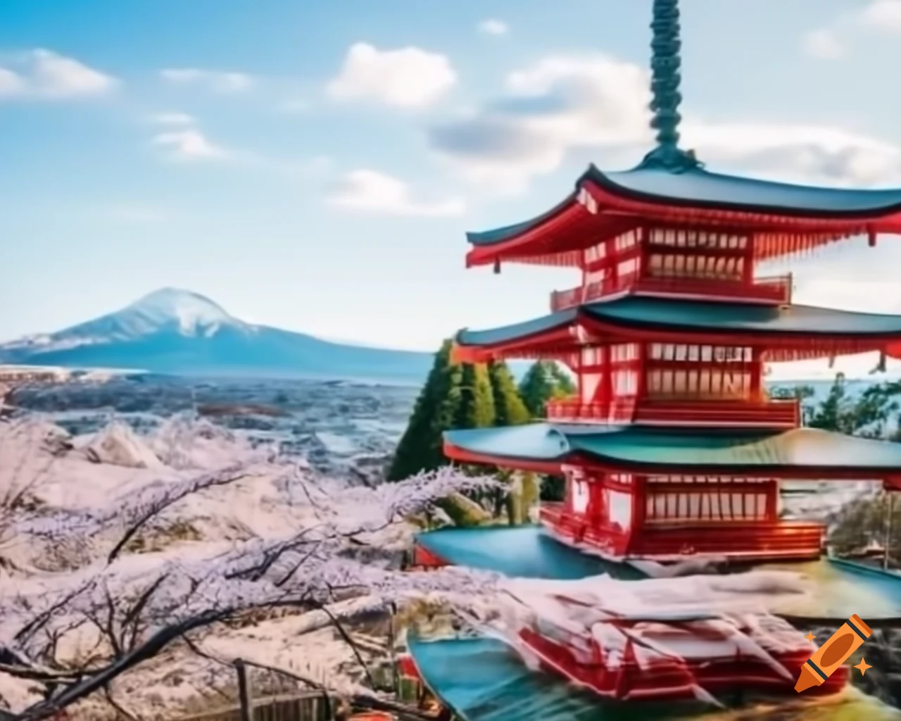 Japanese Buildin Ancient Japanese architecture with cherry blossoms and mountains on Craiyon