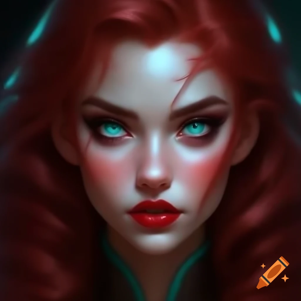 Beautiful woman with long dark red hair and teal eyes on Craiyon