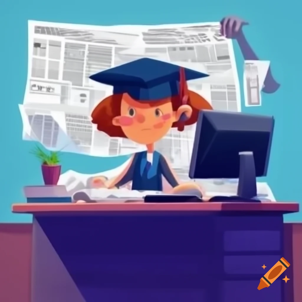 Cartoon female journalist typing at newspaper office desk in mortarboard