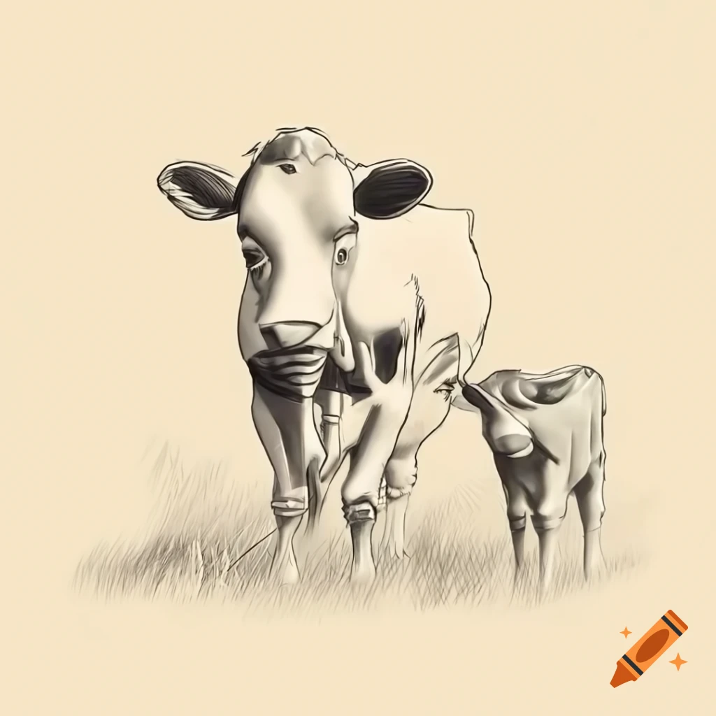 Cow and calf facing camera in high quality pencil sketch style