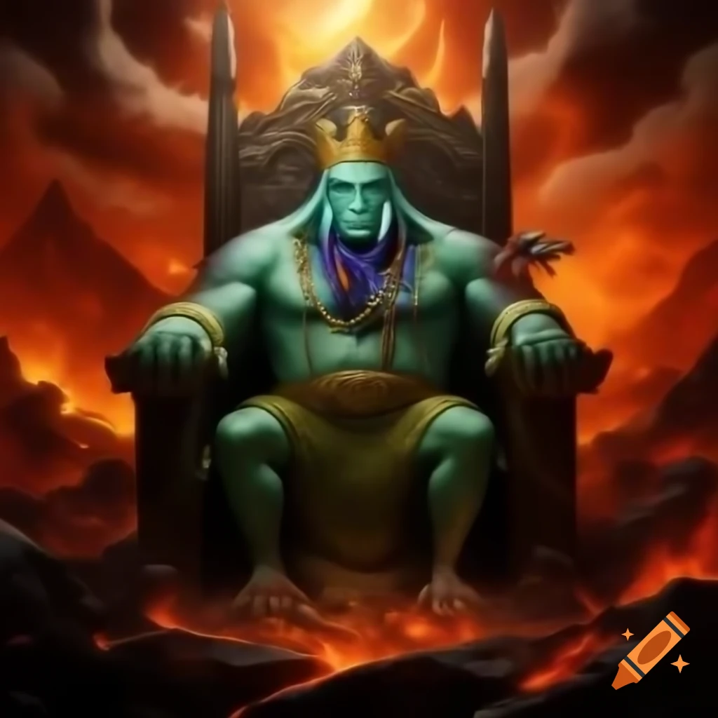 Squidward on molten gold throne in volcanic kingdom with lava rivers