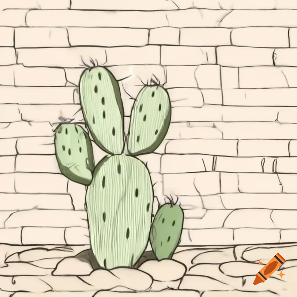 Sketched brick wall with prickly pear cactus in front