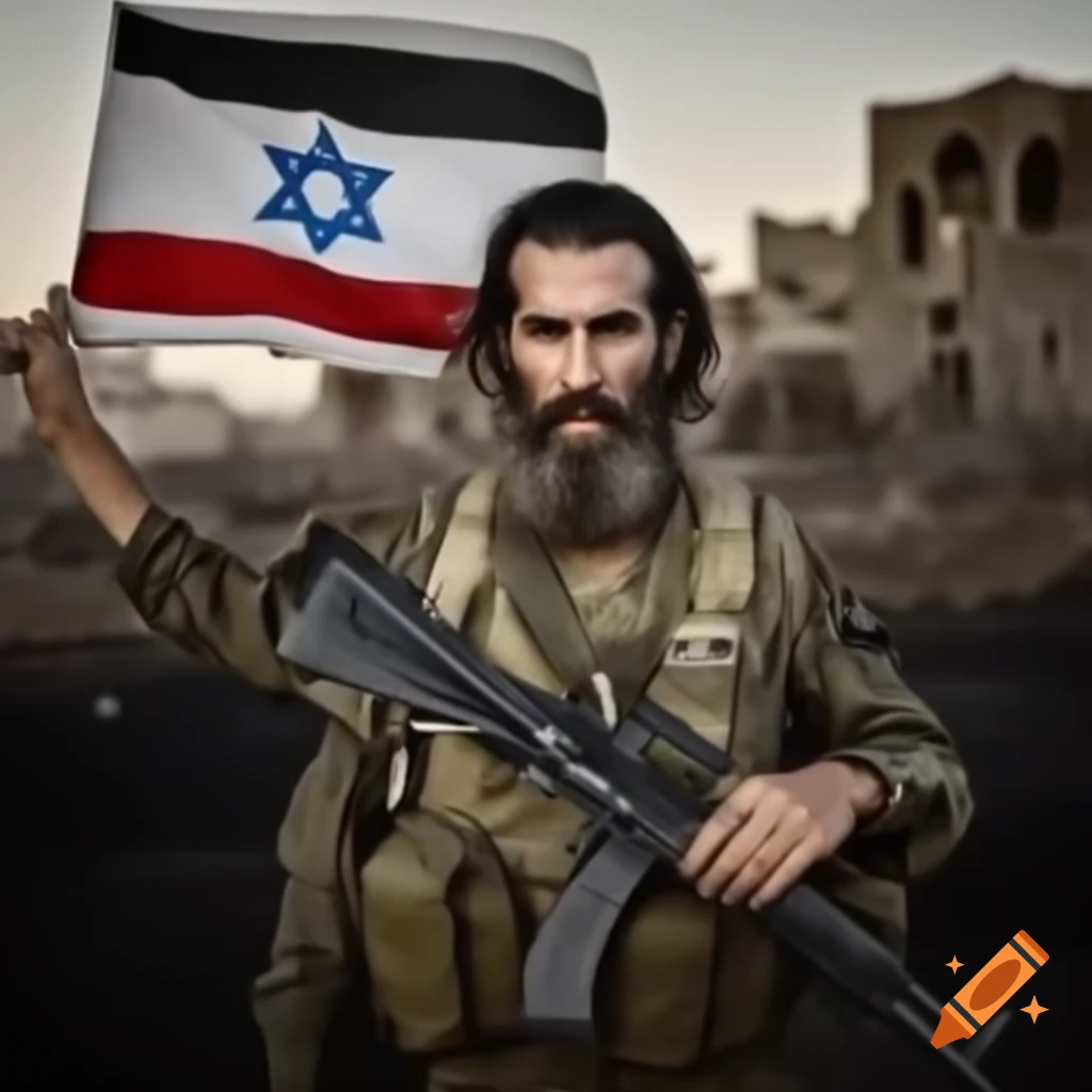 Soldier holding Syrian and Israeli flags against a backdrop of a ruined building