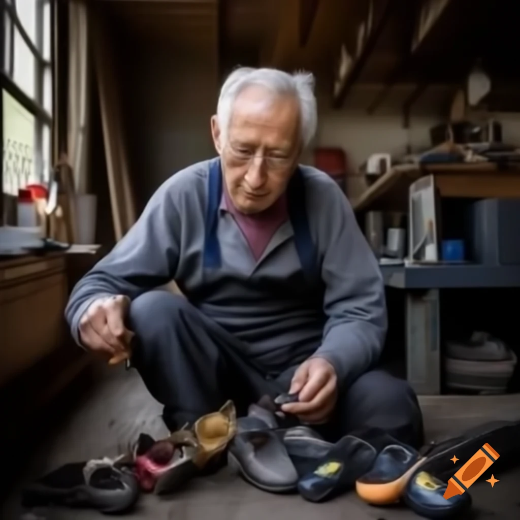 Elderly shoemaker repairing shoes in workshop, warm and humble atmosphere