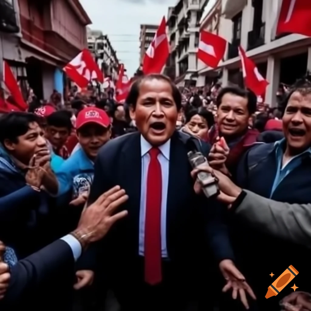 Peruvian politician delivering speech to crowd with hand-written signs
