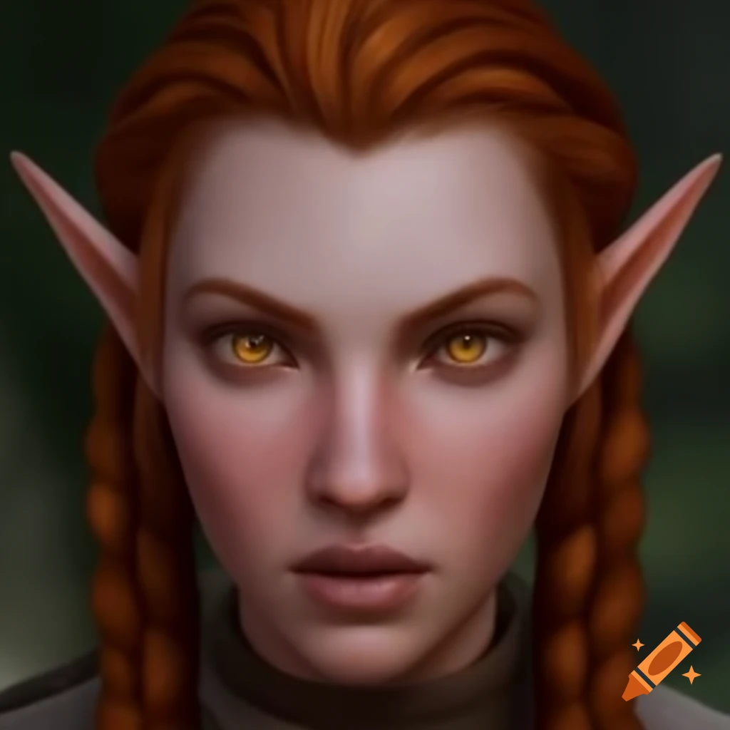 Female elf craftsman with braided auburn hair and worn clothing on Craiyon