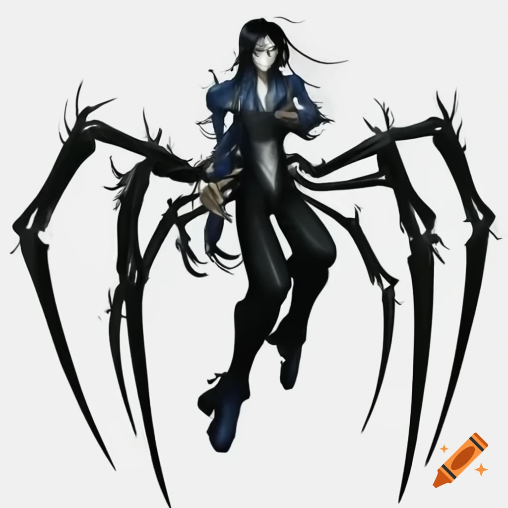 Anime character with ash gray skin and spider body