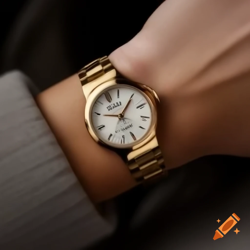 Elegant female wrist wearing a gold watch