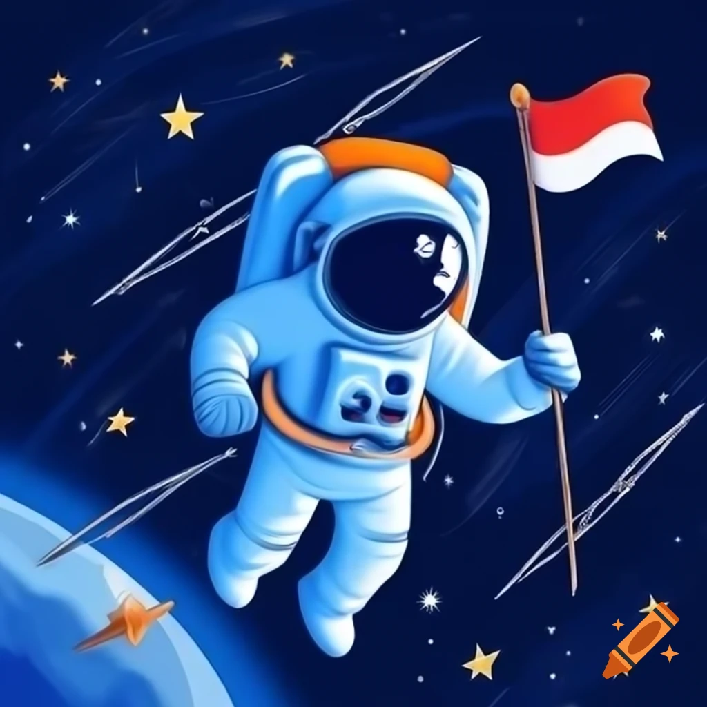 Cartoon astronaut in blue spacesuit holding Indonesian flag in space with stars and galaxy