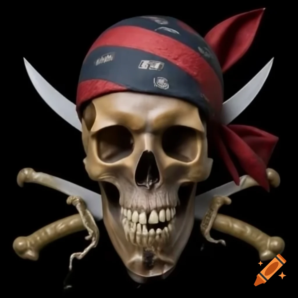 3D cracked Jolly Roger skull on black background viewed from above