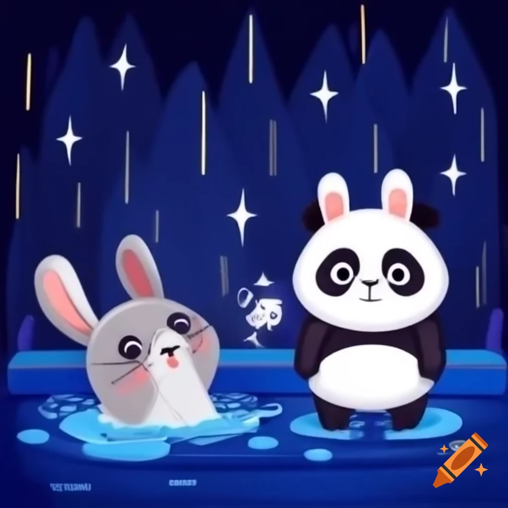 Claymation gray rabbit and panda relaxing under stars in hot tub on Craiyon