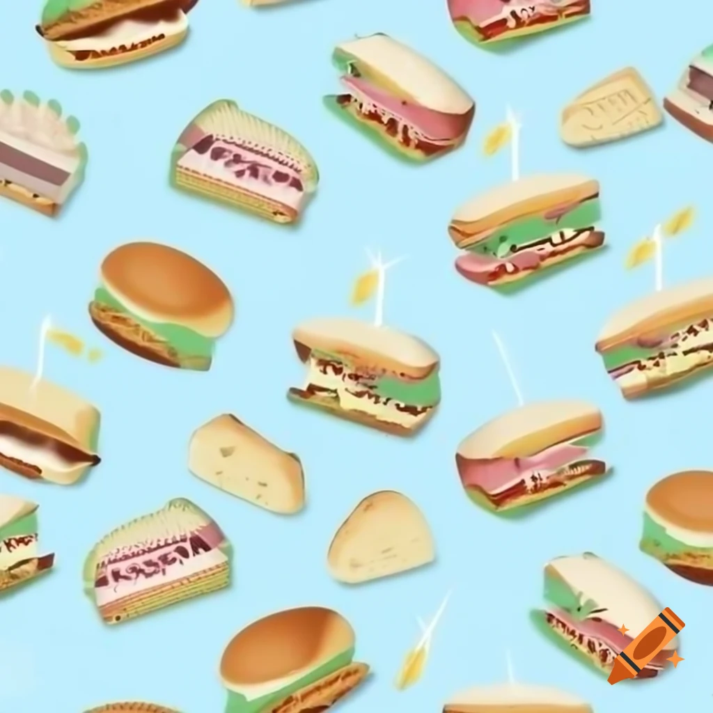 Colorful arrangement of cakes, breads, and sandwiches on blue background in 16:9 format
