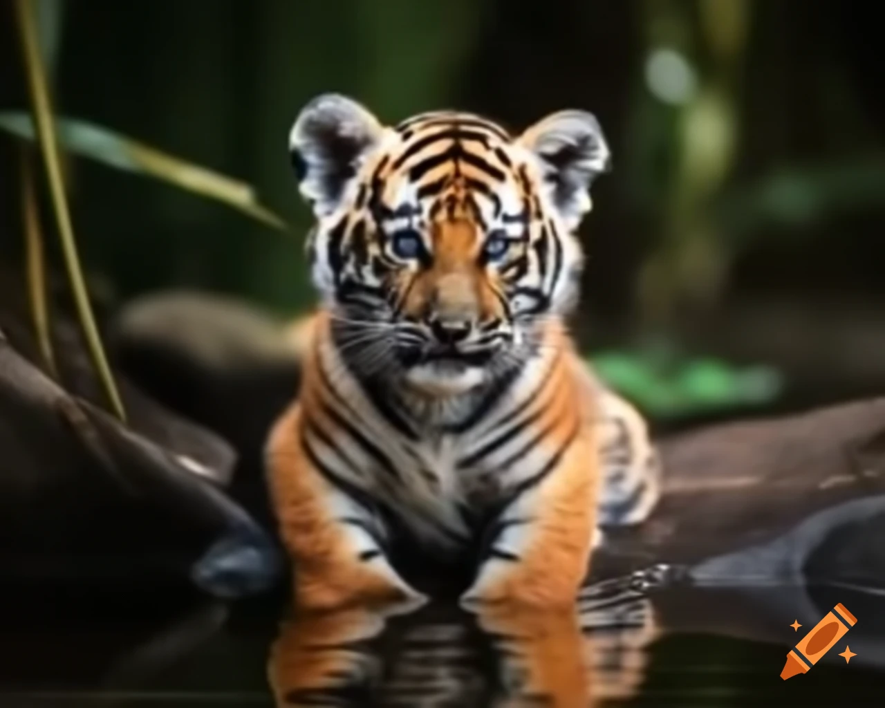 Tiger cub by the water with short legs