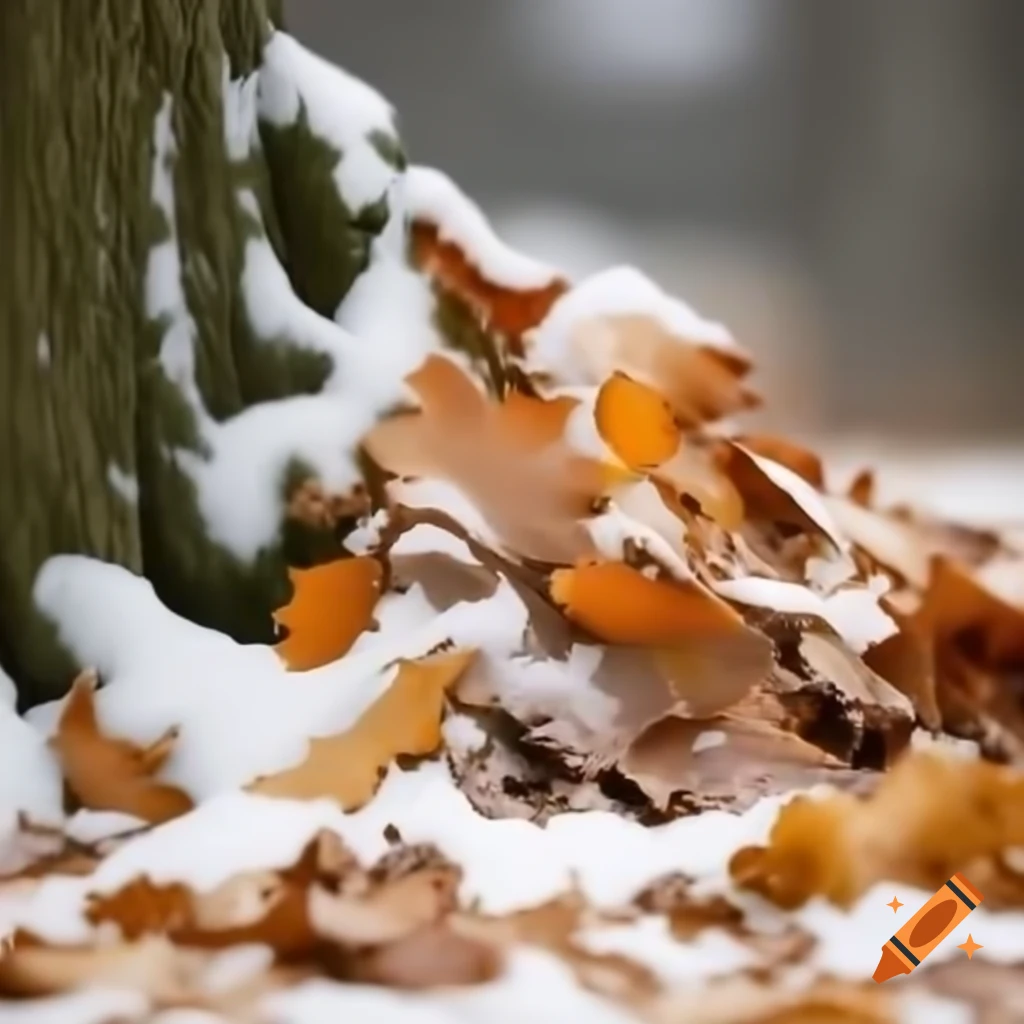 Snow falling on oak leaves under oak tree