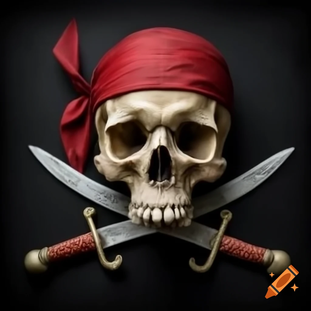 3D cracked Jolly Roger skull on black background viewed from above