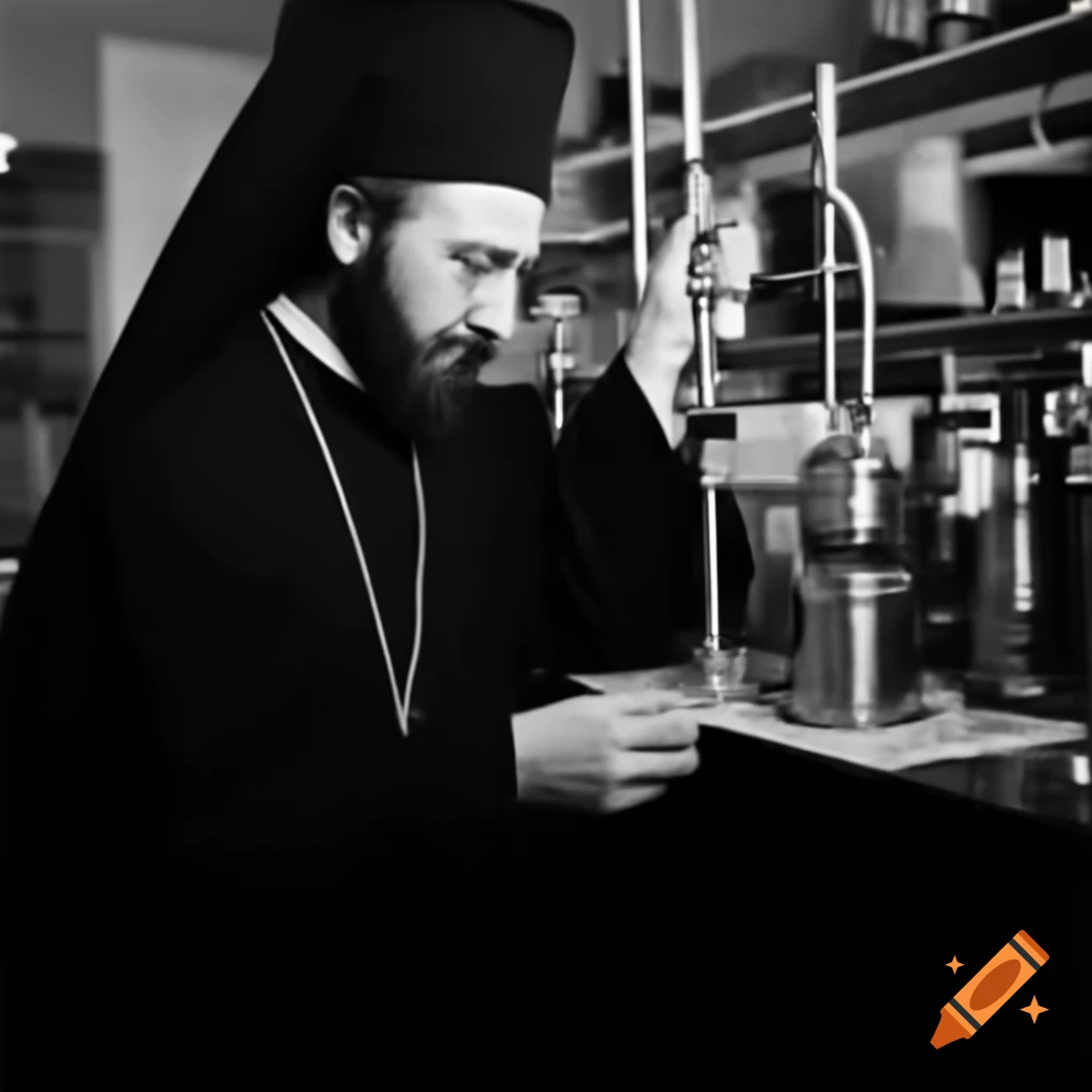 Orthodox priest conducting measurements in a laboratory setting