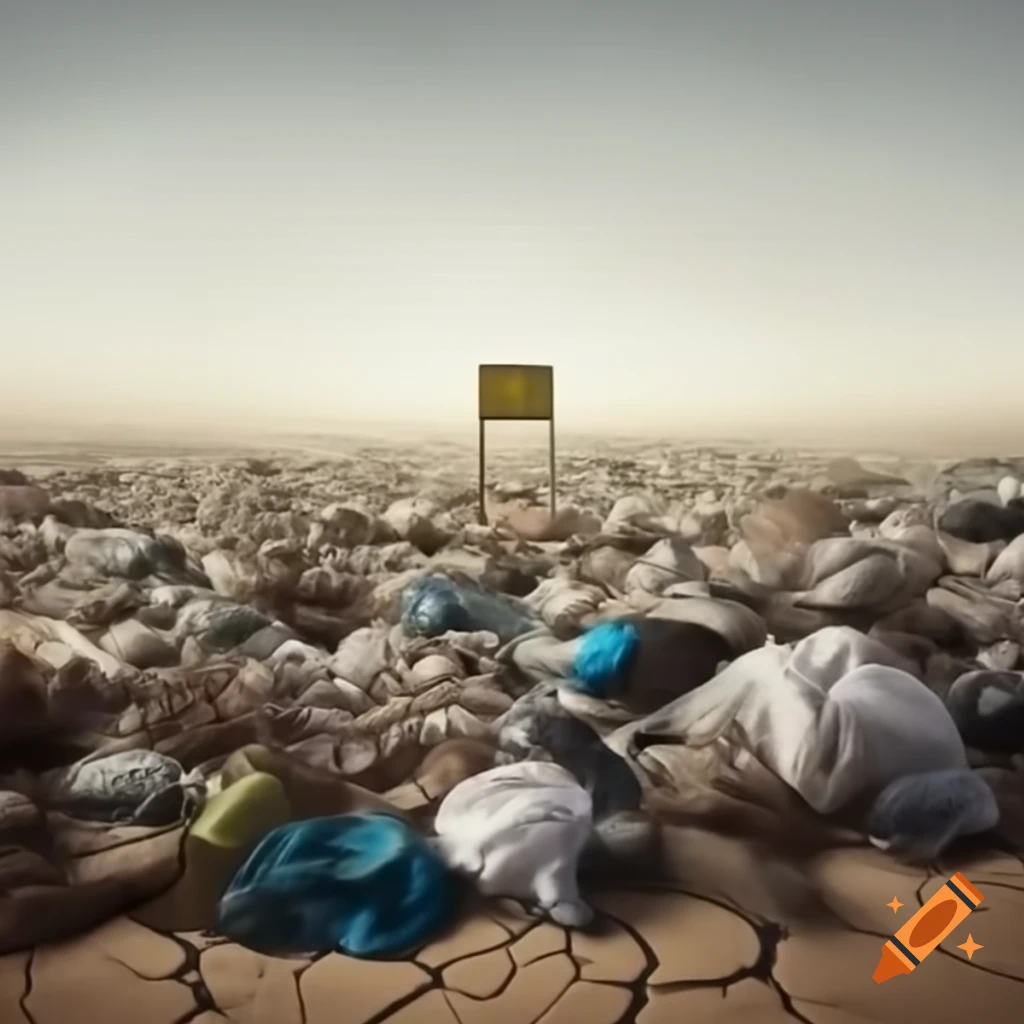 Desert of garbage with cracked ground and polluted sky