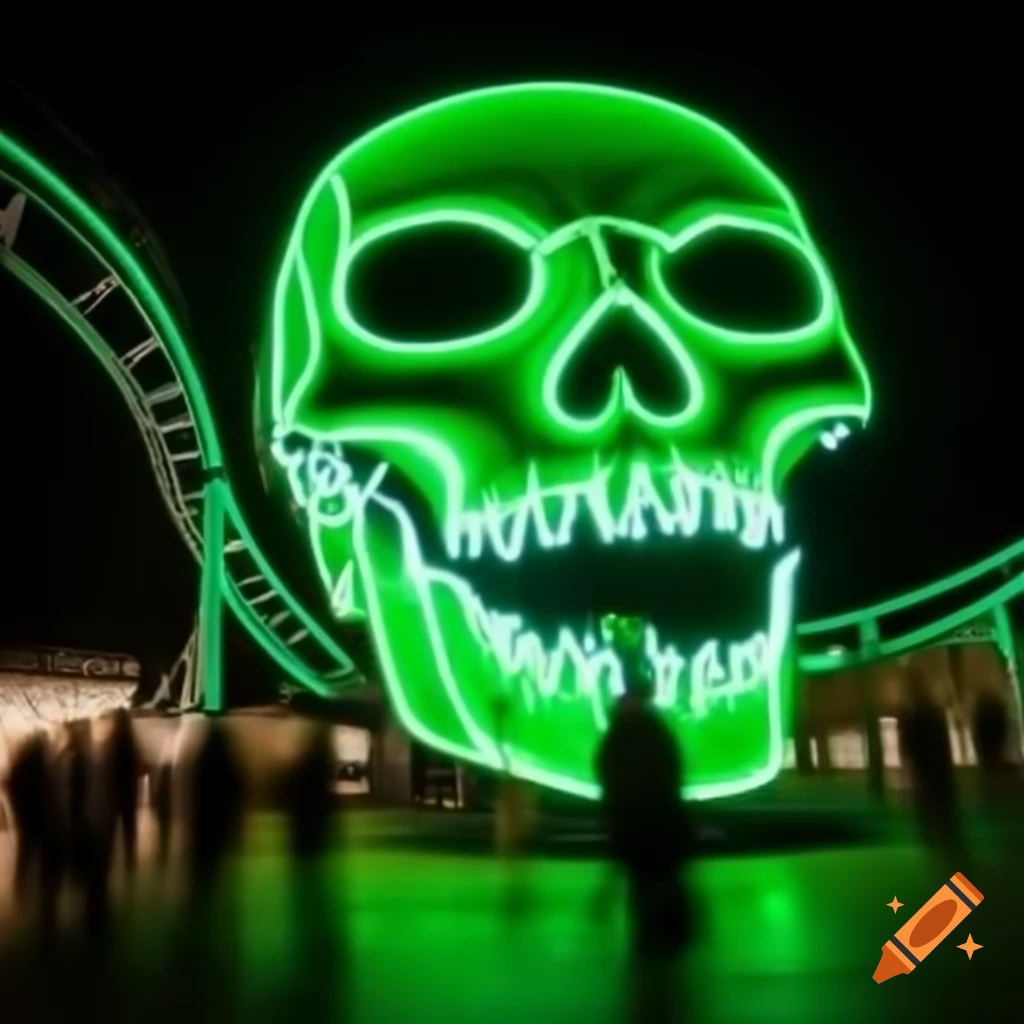 Vibrant rollercoaster racing through a luminous skull structure
