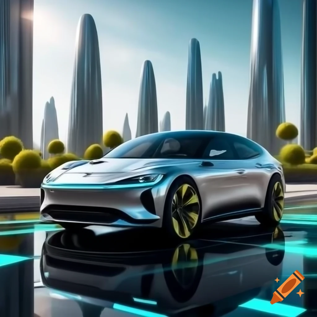 Sleek electric car in futuristic city with tall buildings and green plants on Craiyon