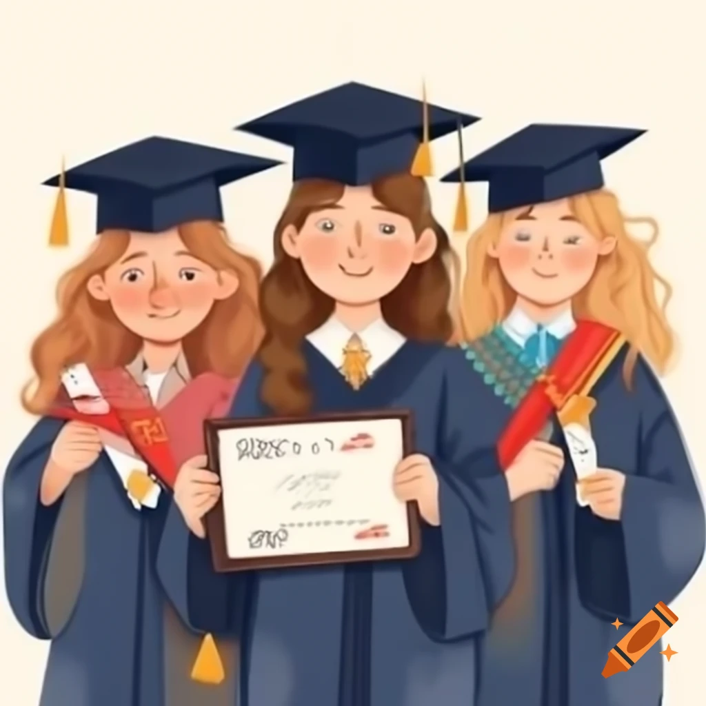 Drawing of three faceless girls in graduation dresses and caps holding ...