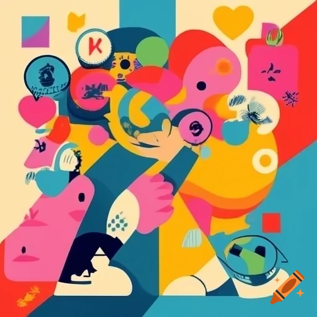 Graphic art illustrating principles of design with themes of competence, service, and love of creation
