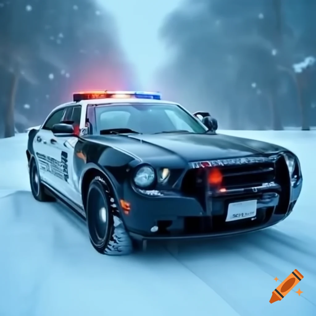 Police car driving through snowy landscape