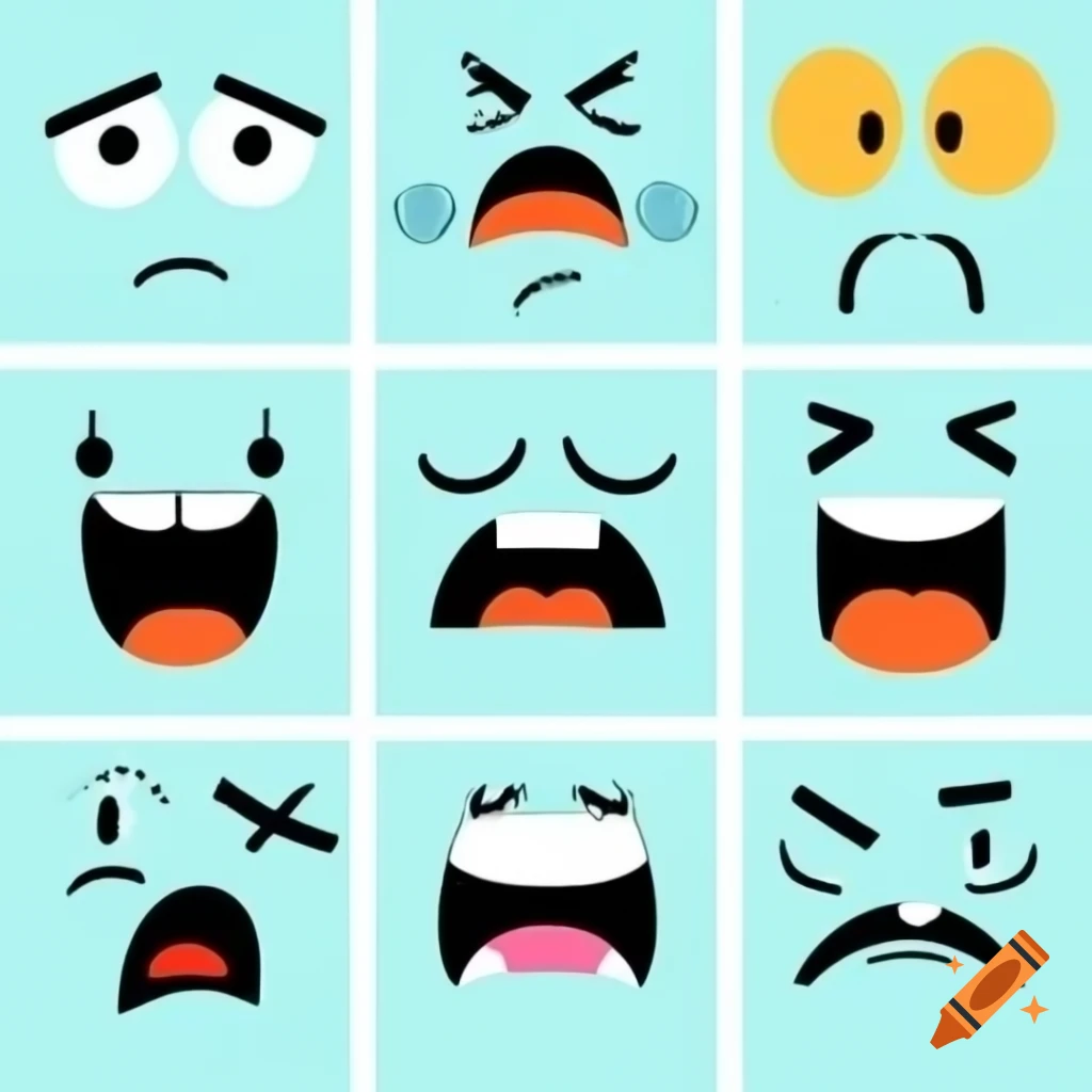 Grid of nine unique cartoon faces expressing various emotions