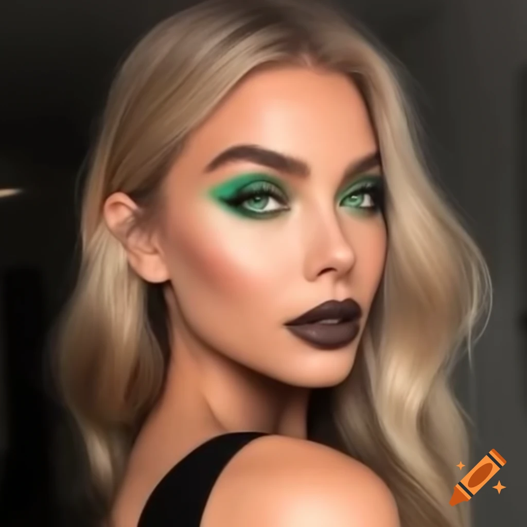 Woman with long blonde hair and captivating dark green eyes