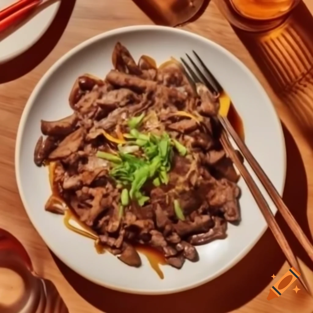 Stir-fried beef with oyster sauce topped with sliced spring onions