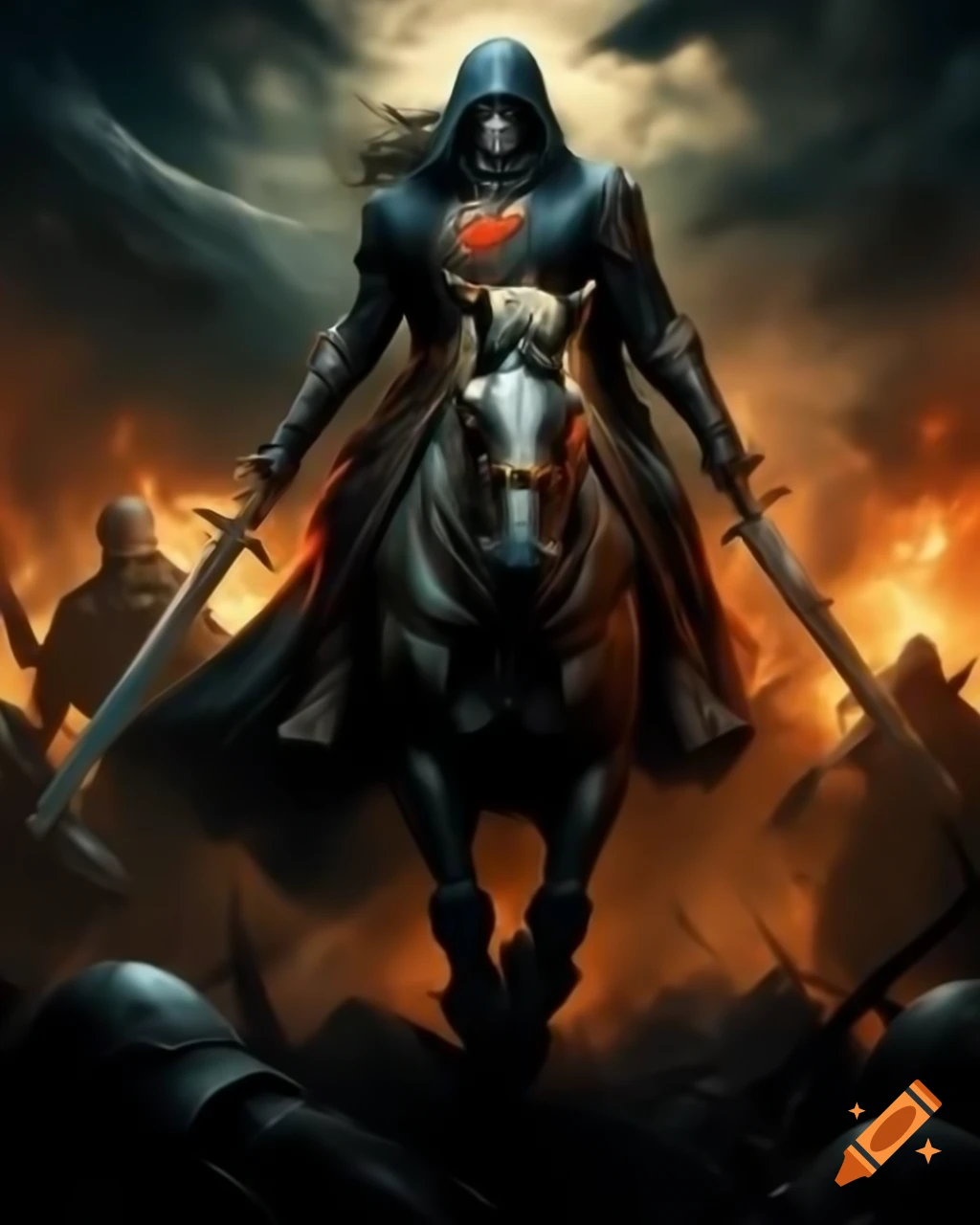 Fantasy Rider Steed Crimson steed with shadowy rider and greatsword on chaotic battlefield ...